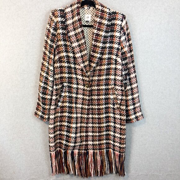 Cabi Tweed Tie Waist Single Button Fringe Coat Jacket Size Medium - Picture 3 of 11